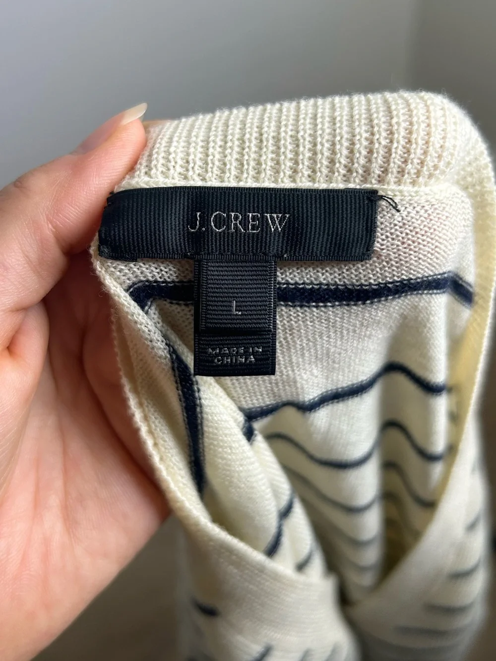 J. Crew Merino Wool Cotton Striped Cream Navy Lightweight V - Neck Sweater